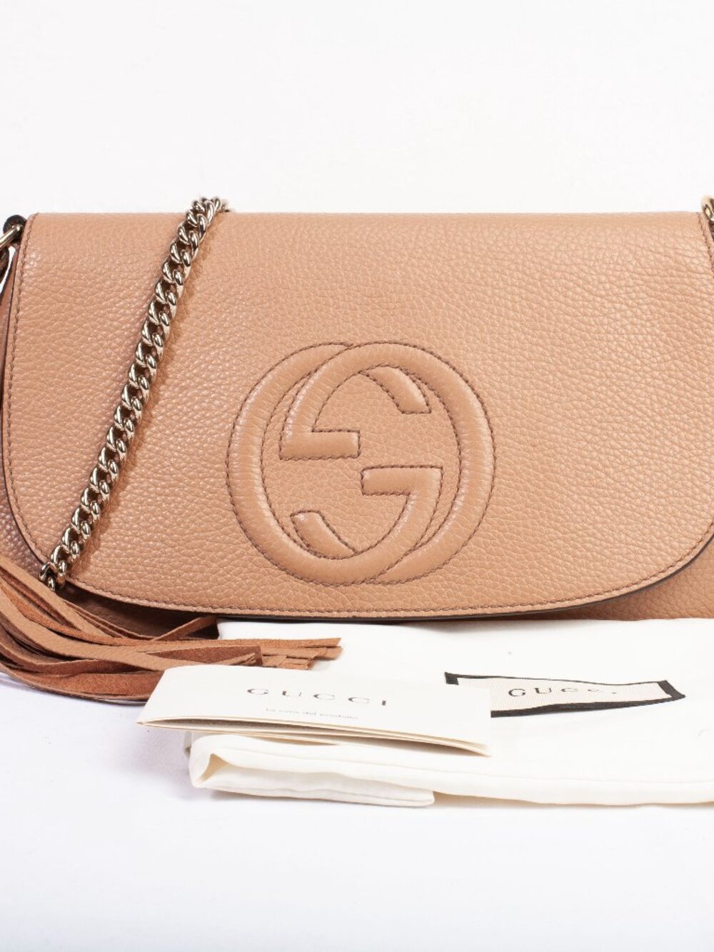 Authentic Gucci Pebbled Beige Calfskin Leather Soho Chain Crossbody Bag